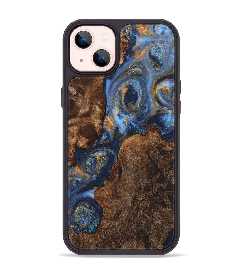 iPhone 14 Plus Wood+Resin Phone Case - Annabella (Teal & Gold, 711145)