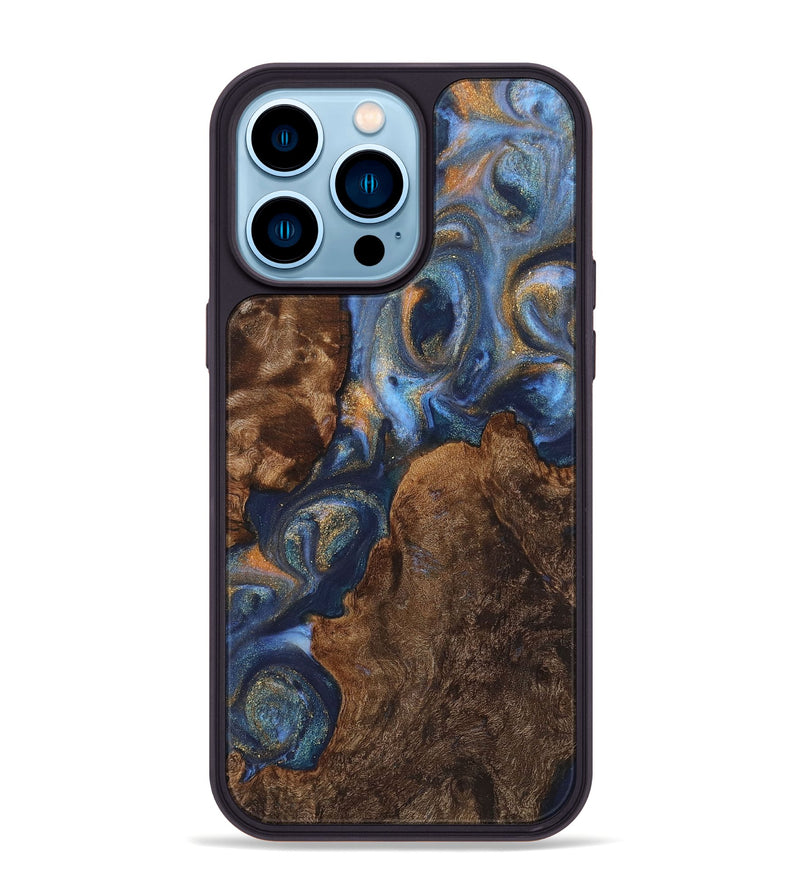 iPhone 14 Pro Max Wood+Resin Phone Case - Annabella (Teal & Gold, 711145)