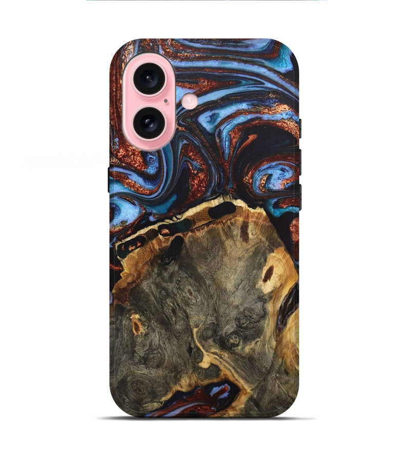 iPhone 16 Wood+Resin Live Edge Phone Case - Addilyn (Teal & Gold, 711270)