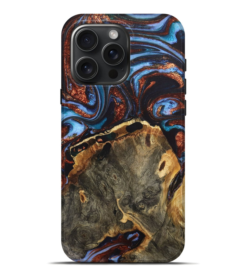 iPhone 16 Pro Max Wood+Resin Live Edge Phone Case - Addilyn (Teal & Gold, 711270)