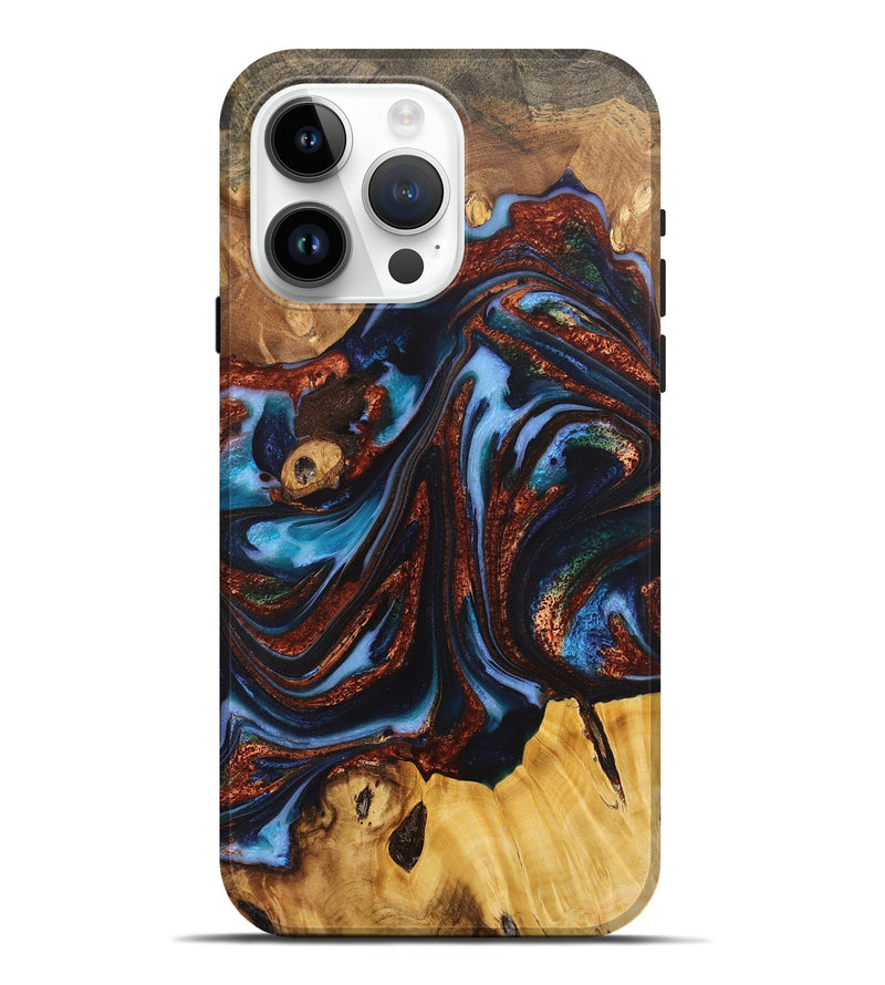 iPhone 15 Pro Max Wood+Resin Live Edge Phone Case - Shana (Teal & Gold, 711271)