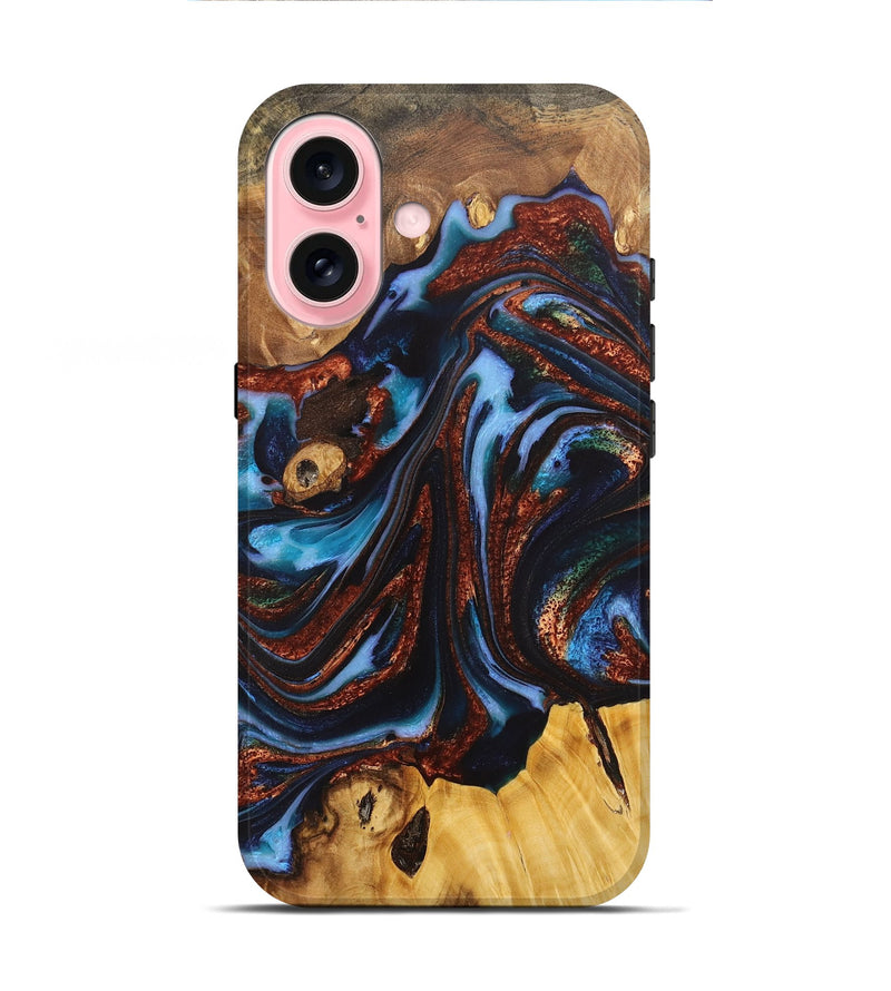 iPhone 16 Wood+Resin Live Edge Phone Case - Shana (Teal & Gold, 711271)