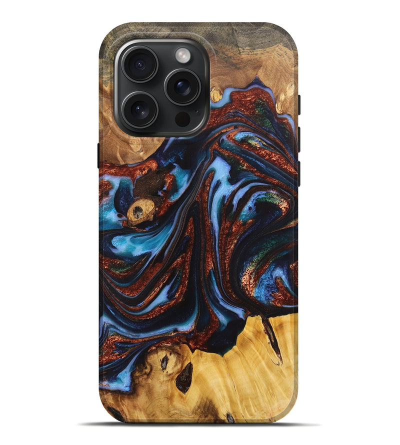 iPhone 16 Pro Max Wood+Resin Live Edge Phone Case - Shana (Teal & Gold, 711271)