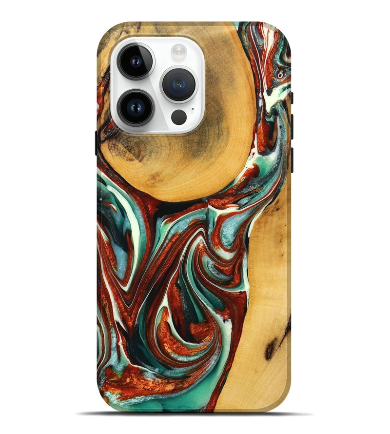 iPhone 15 Pro Max Wood+Resin Live Edge Phone Case - Ruby (Teal & Gold, 711298)
