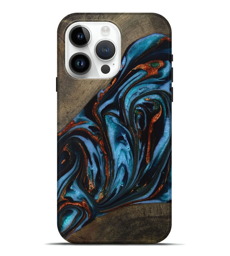 iPhone 15 Pro Max Wood+Resin Live Edge Phone Case - Weston (Teal & Gold, 711308)