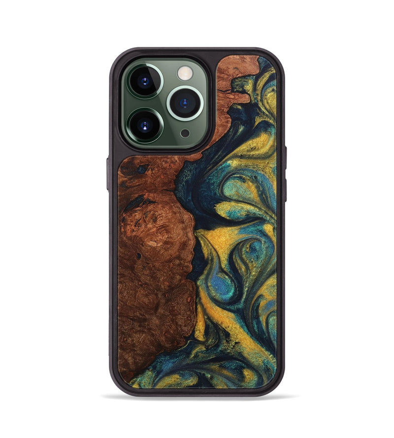 iPhone 13 Pro Wood+Resin Phone Case - Marcella (Teal & Gold, 711366)