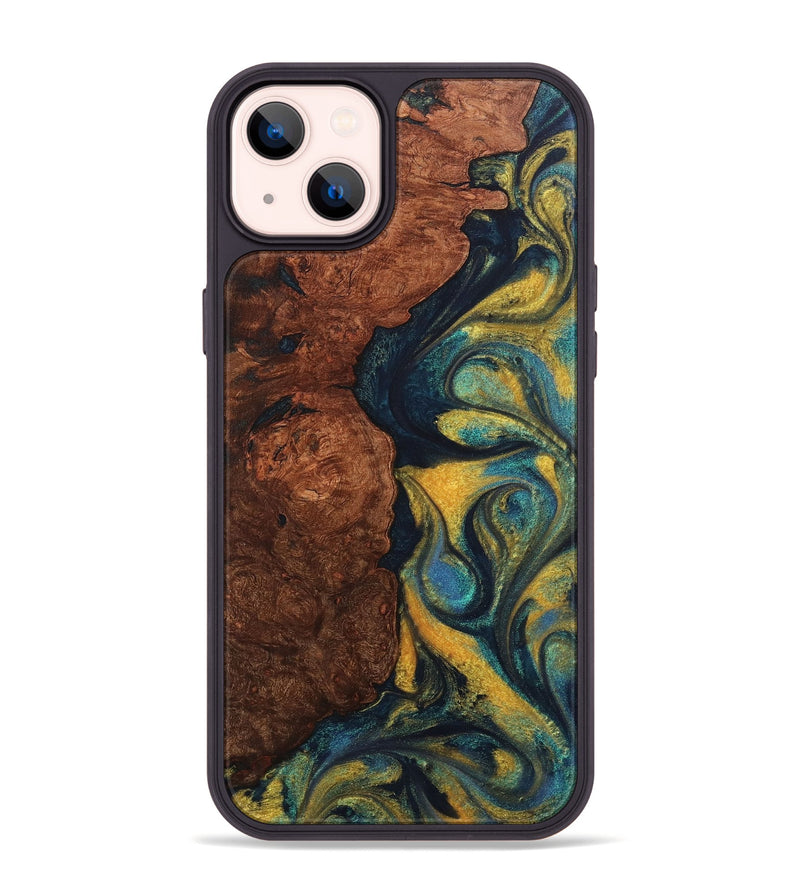 iPhone 14 Plus Wood+Resin Phone Case - Marcella (Teal & Gold, 711366)