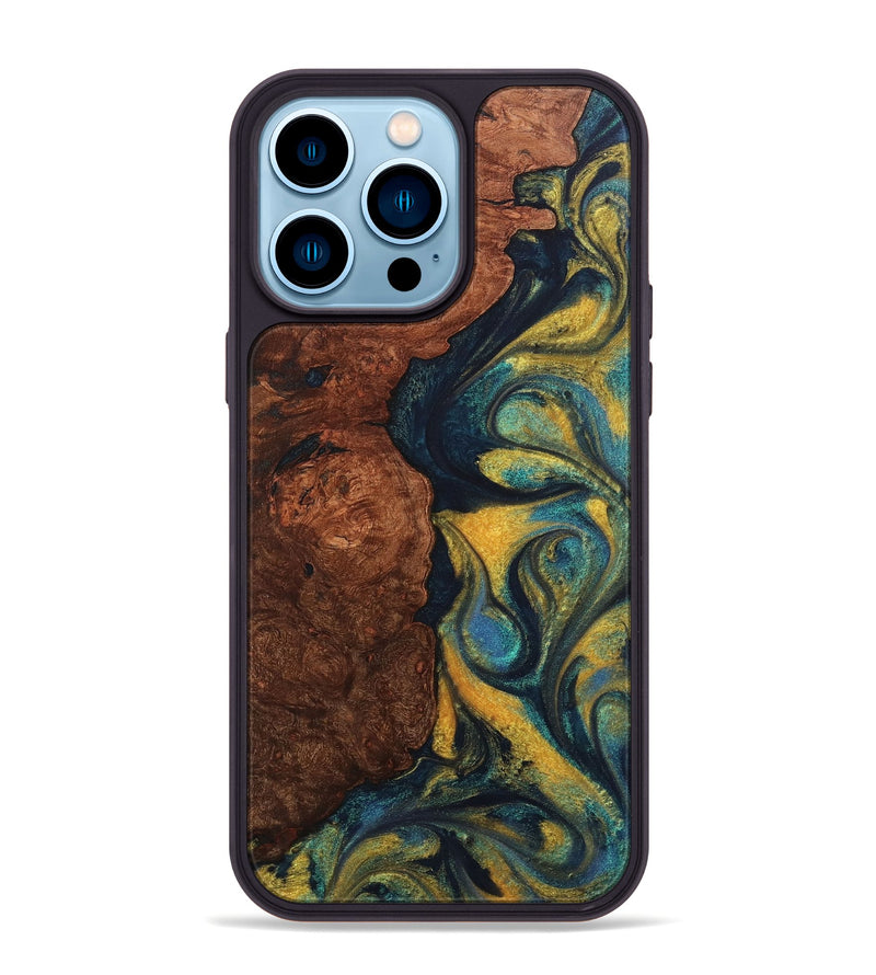 iPhone 14 Pro Max Wood+Resin Phone Case - Marcella (Teal & Gold, 711366)