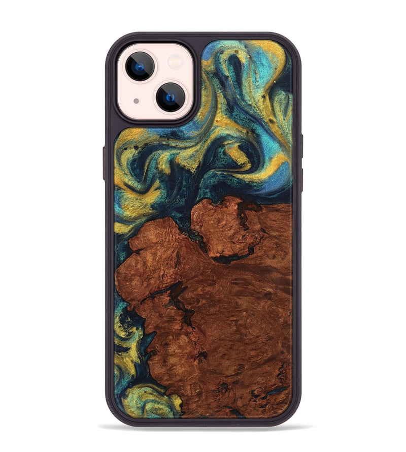 iPhone 14 Plus Wood+Resin Phone Case - Jo (Teal & Gold, 711368)