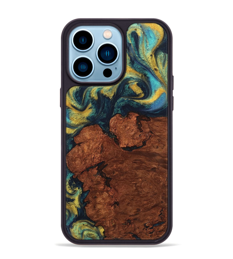 iPhone 14 Pro Max Wood+Resin Phone Case - Jo (Teal & Gold, 711368)