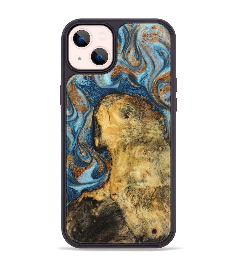iPhone 14 Plus Wood+Resin Phone Case - Scarlet (Teal & Gold, 711369)