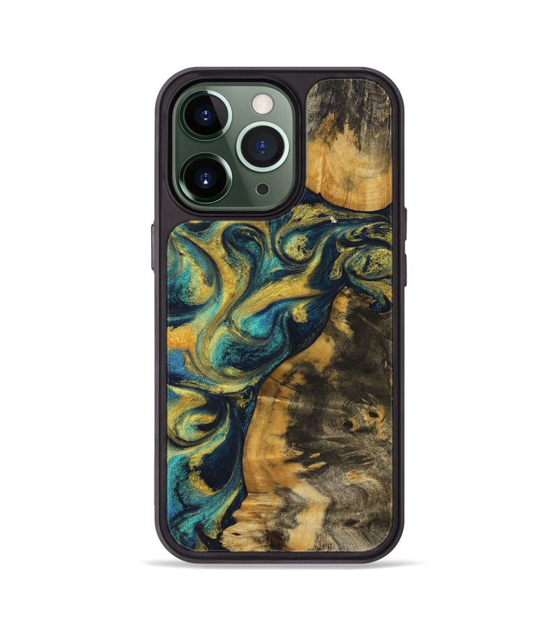 iPhone 13 Pro Wood+Resin Phone Case - Ada (Teal & Gold, 711370)