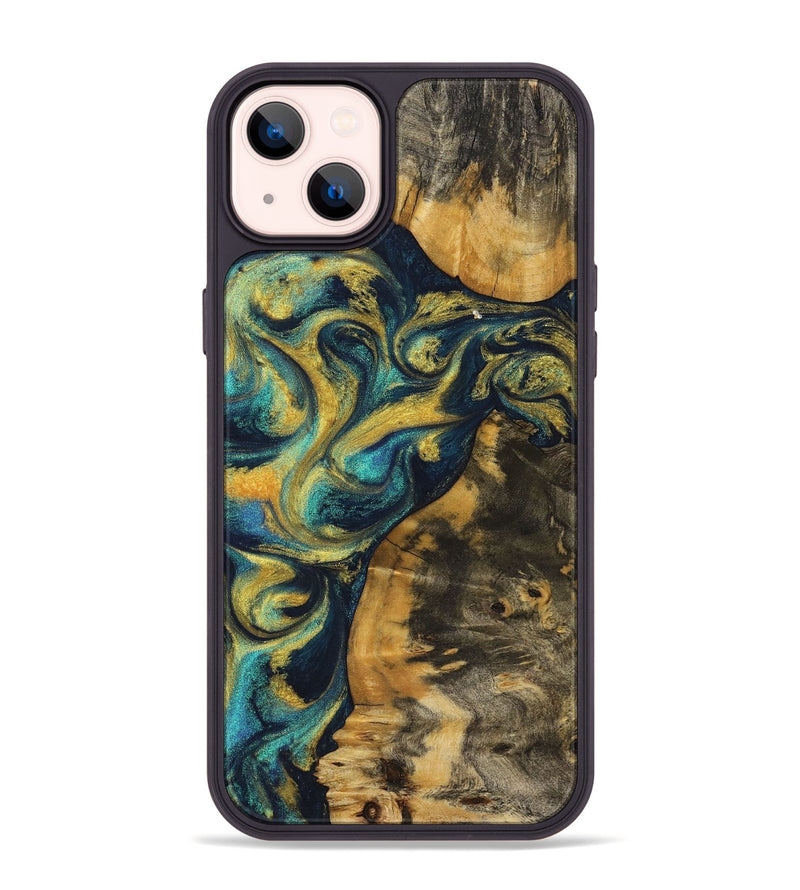 iPhone 14 Plus Wood+Resin Phone Case - Ada (Teal & Gold, 711370)