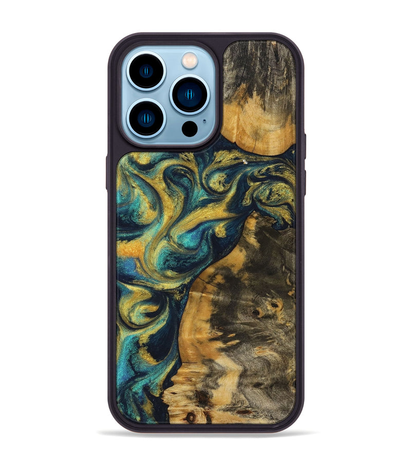 iPhone 14 Pro Max Wood+Resin Phone Case - Ada (Teal & Gold, 711370)