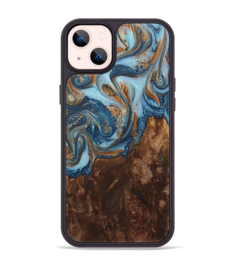 iPhone 14 Plus Wood+Resin Phone Case - Beckett (Teal & Gold, 711375)