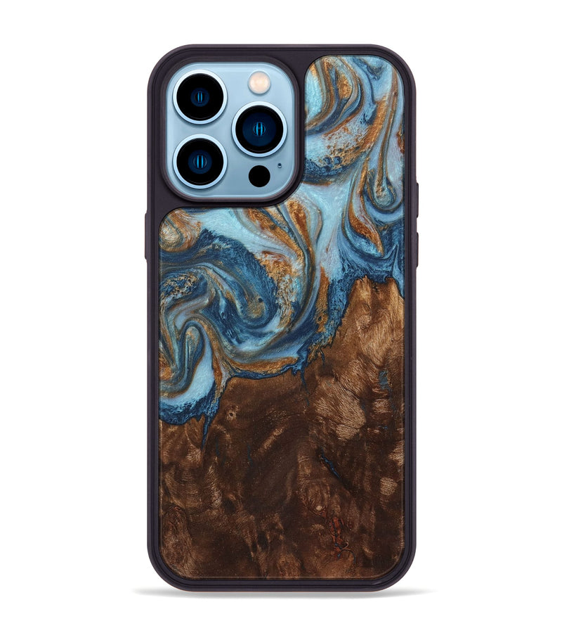 iPhone 14 Pro Max Wood+Resin Phone Case - Beckett (Teal & Gold, 711375)