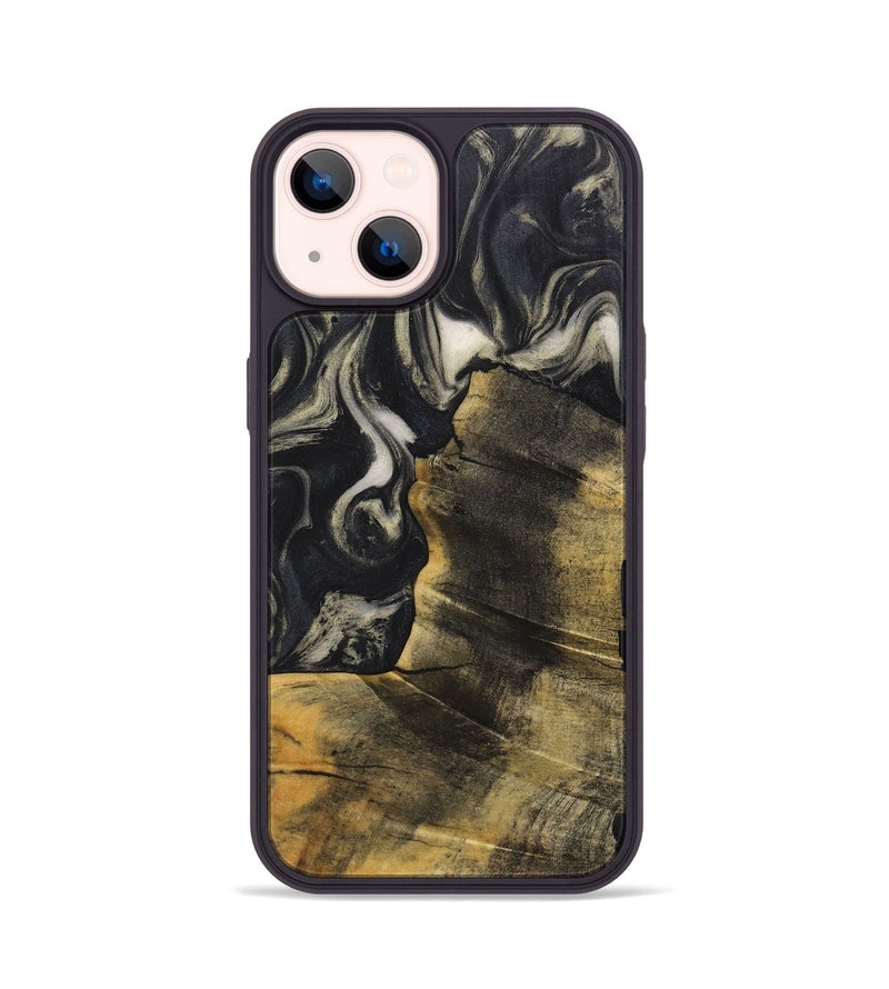 iPhone 14 Wood+Resin Phone Case - Sherry (Black & White, 711607)