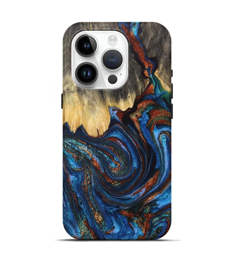 iPhone 15 Pro Wood+Resin Live Edge Phone Case - Adaline (Teal & Gold, 711682)