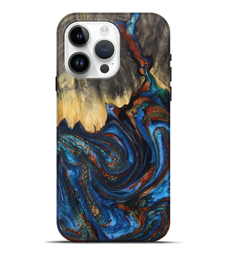 iPhone 15 Pro Max Wood+Resin Live Edge Phone Case - Adaline (Teal & Gold, 711682)