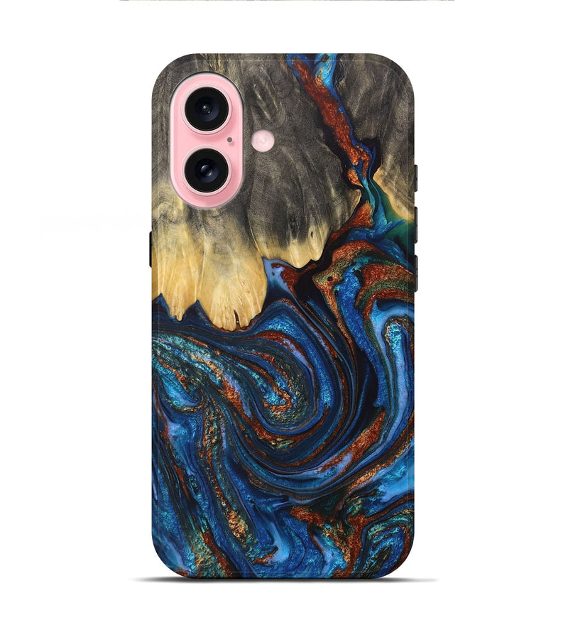 iPhone 16 Wood+Resin Live Edge Phone Case - Adaline (Teal & Gold, 711682)