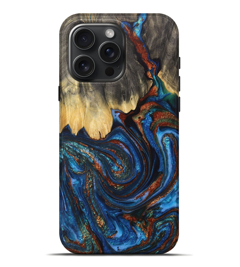 iPhone 16 Pro Max Wood+Resin Live Edge Phone Case - Adaline (Teal & Gold, 711682)