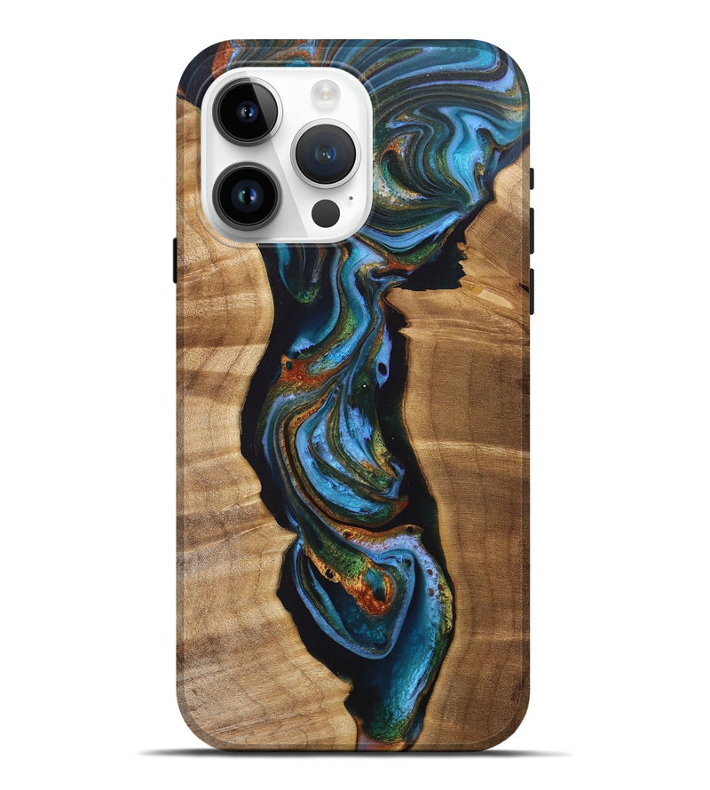 iPhone 15 Pro Max Wood+Resin Live Edge Phone Case - Estelle (Teal & Gold, 711683)