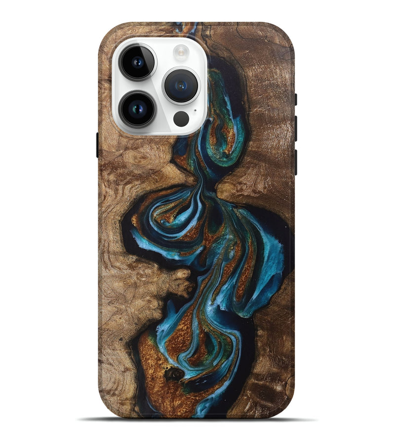 iPhone 15 Pro Max Wood+Resin Live Edge Phone Case - Shelley (Teal & Gold, 711684)