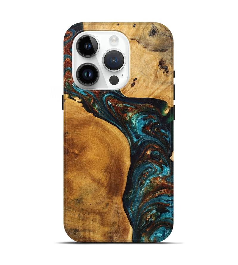 iPhone 15 Pro Wood+Resin Live Edge Phone Case - Presley (Teal & Gold, 711685)