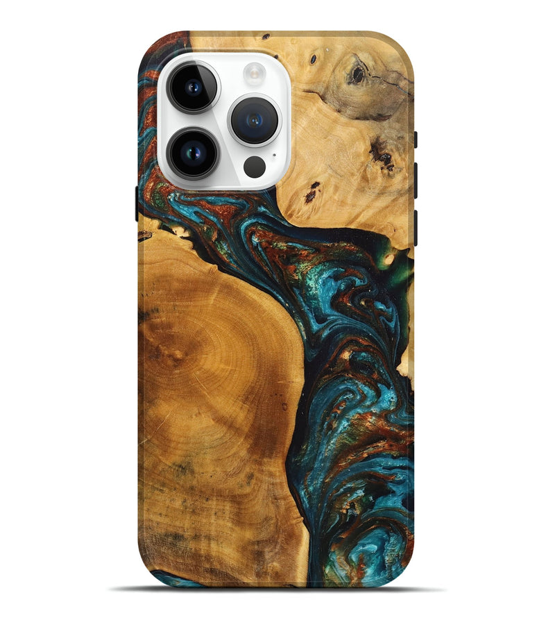 iPhone 15 Pro Max Wood+Resin Live Edge Phone Case - Presley (Teal & Gold, 711685)