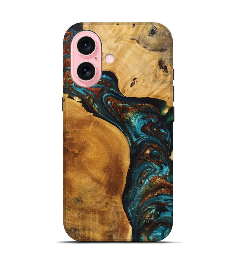 iPhone 16 Wood+Resin Live Edge Phone Case - Presley (Teal & Gold, 711685)