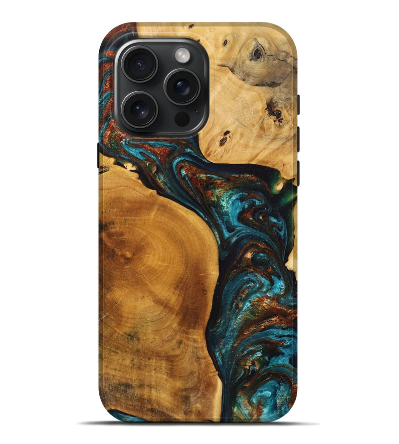 iPhone 16 Pro Max Wood+Resin Live Edge Phone Case - Presley (Teal & Gold, 711685)