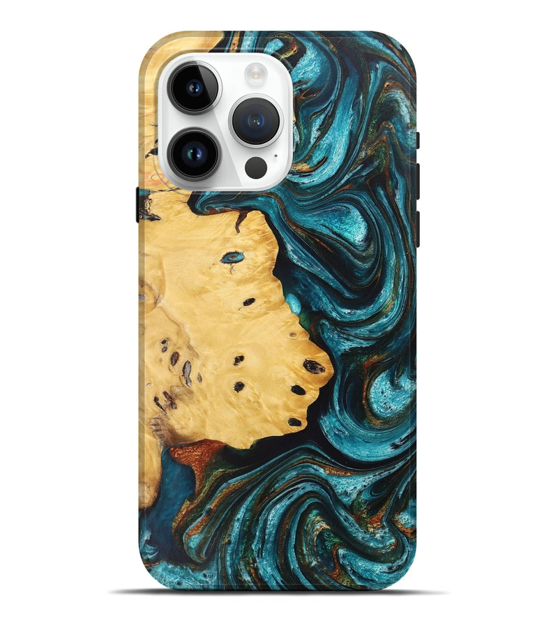 iPhone 15 Pro Max Wood+Resin Live Edge Phone Case - Shari (Teal & Gold, 711687)