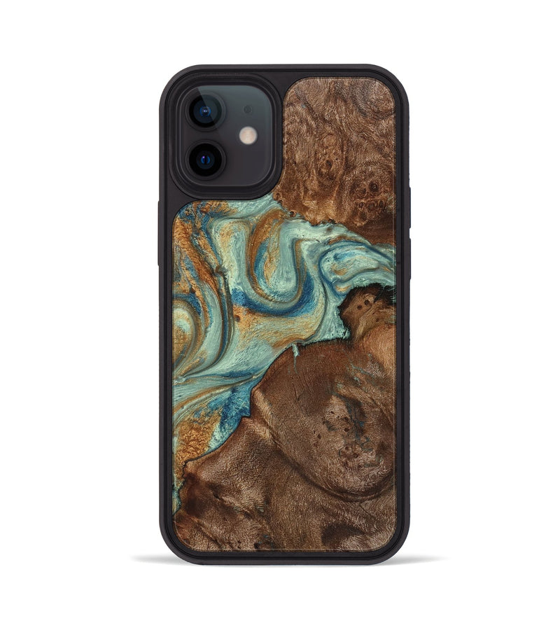 iPhone 12 Wood+Resin Phone Case - Tristen (Teal & Gold, 711796)