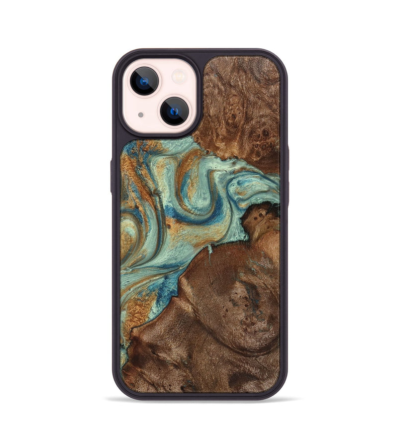 iPhone 14 Wood+Resin Phone Case - Tristen (Teal & Gold, 711796)