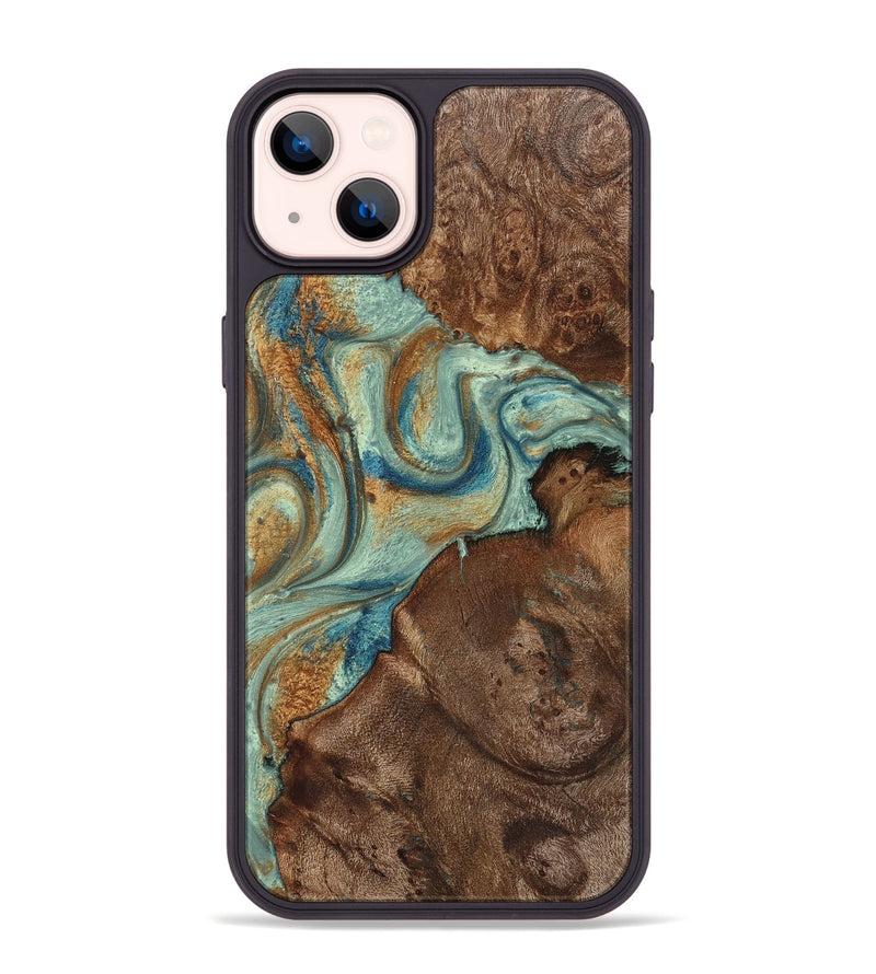 iPhone 14 Plus Wood+Resin Phone Case - Tristen (Teal & Gold, 711796)