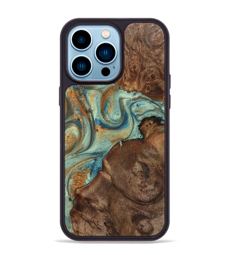 iPhone 14 Pro Max Wood+Resin Phone Case - Tristen (Teal & Gold, 711796)