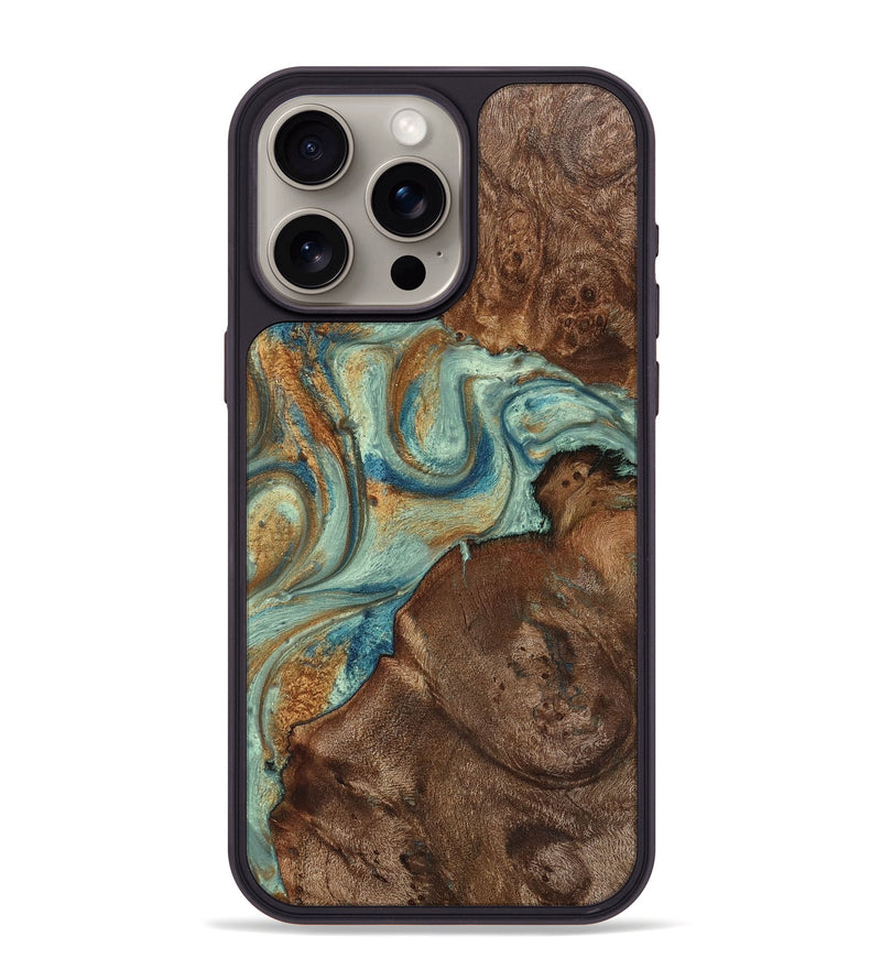 iPhone 15 Pro Max Wood+Resin Phone Case - Tristen (Teal & Gold, 711796)