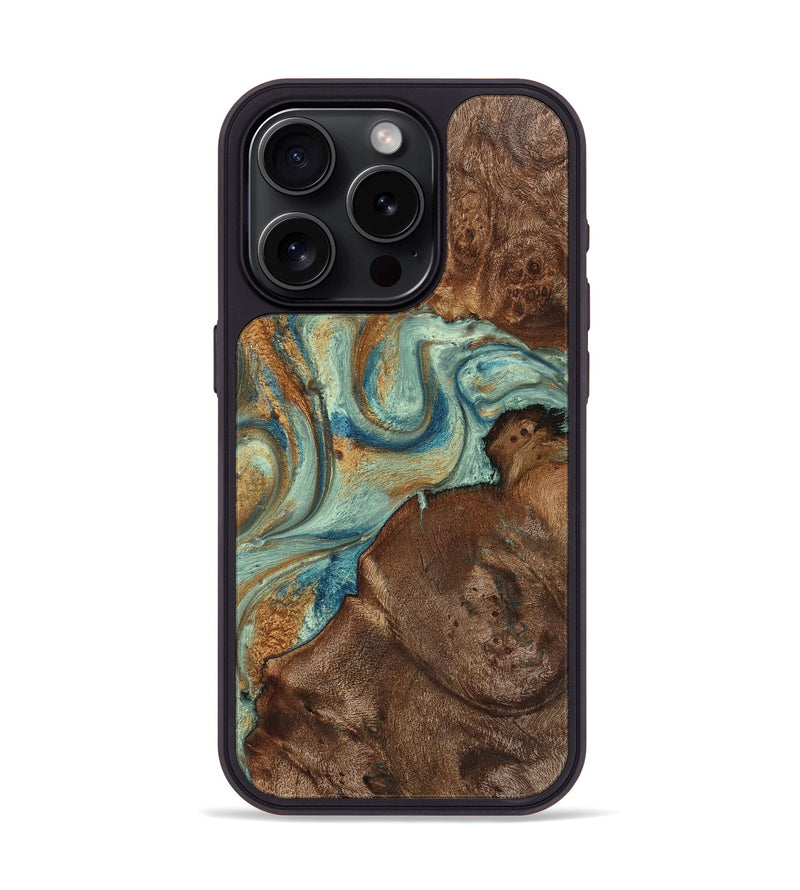 iPhone 15 Pro Wood+Resin Phone Case - Tristen (Teal & Gold, 711796)