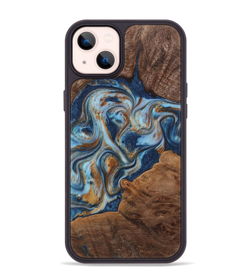iPhone 14 Plus Wood+Resin Phone Case - Rocky (Teal & Gold, 711797)
