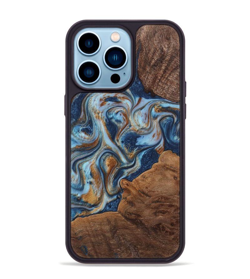 iPhone 14 Pro Max Wood+Resin Phone Case - Rocky (Teal & Gold, 711797)