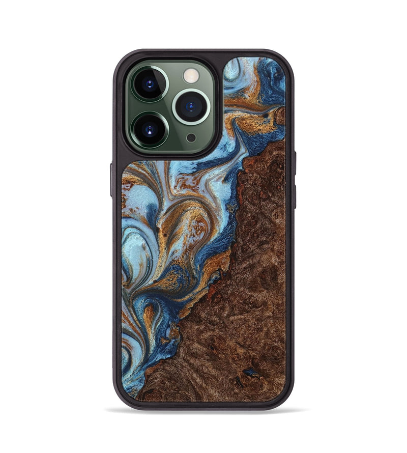 iPhone 13 Pro Wood+Resin Phone Case - Shaun (Teal & Gold, 711798)