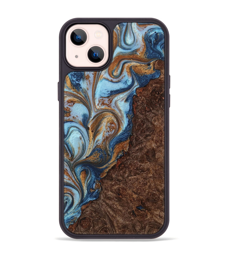 iPhone 14 Plus Wood+Resin Phone Case - Shaun (Teal & Gold, 711798)