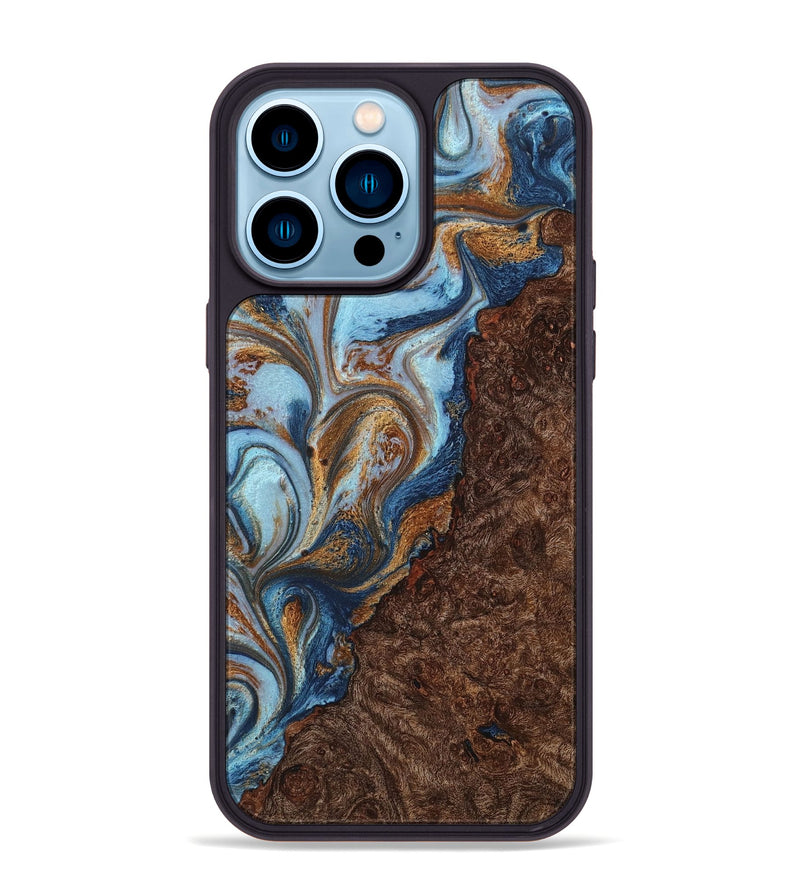 iPhone 14 Pro Max Wood+Resin Phone Case - Shaun (Teal & Gold, 711798)