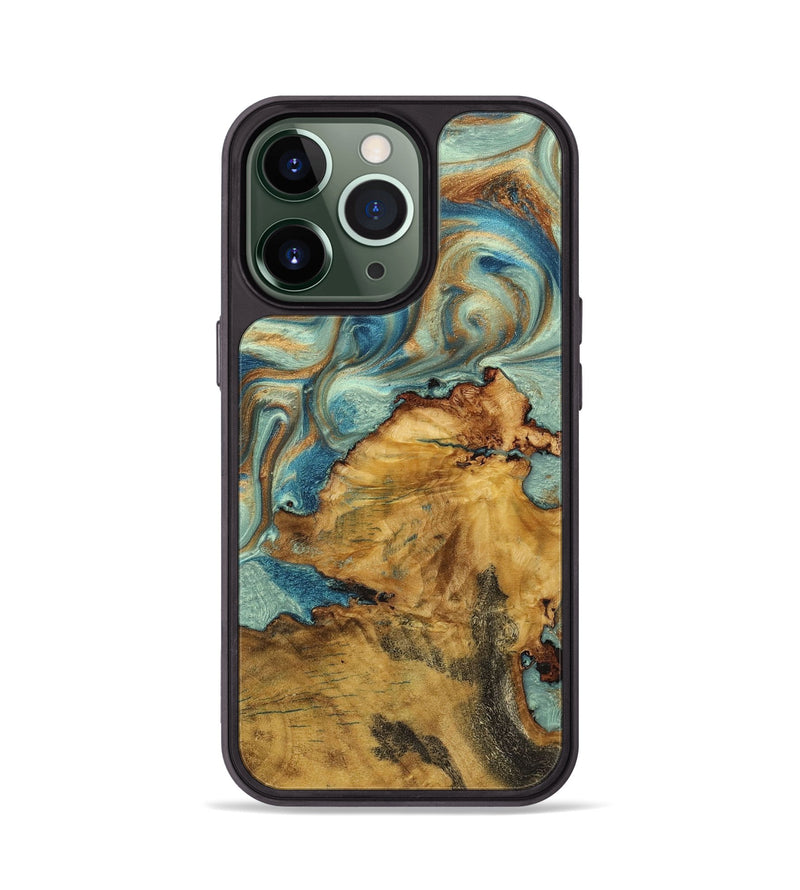 iPhone 13 Pro Wood+Resin Phone Case - Lydia (Teal & Gold, 711801)