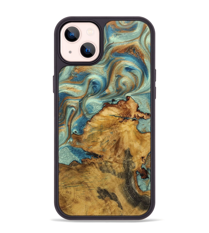 iPhone 14 Plus Wood+Resin Phone Case - Lydia (Teal & Gold, 711801)