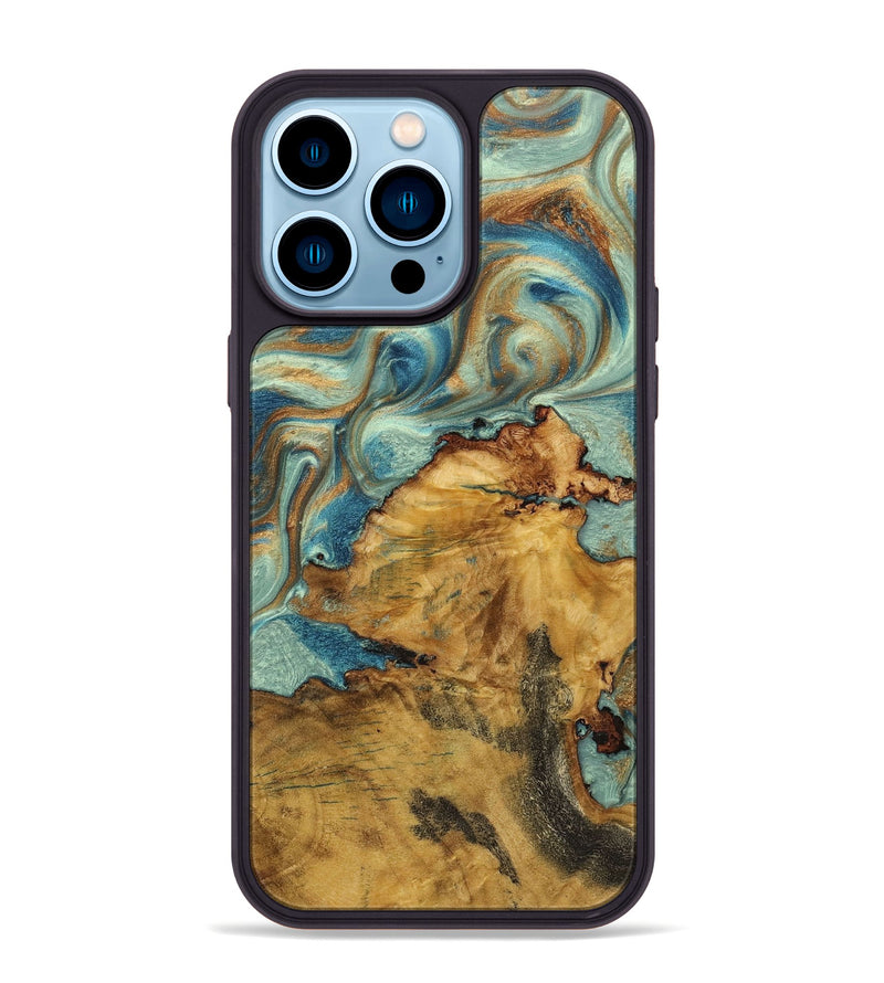 iPhone 14 Pro Max Wood+Resin Phone Case - Lydia (Teal & Gold, 711801)