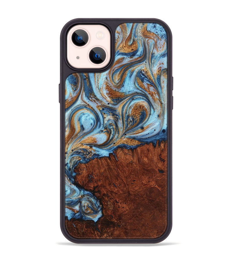 iPhone 14 Plus Wood+Resin Phone Case - Alvin (Teal & Gold, 711803)