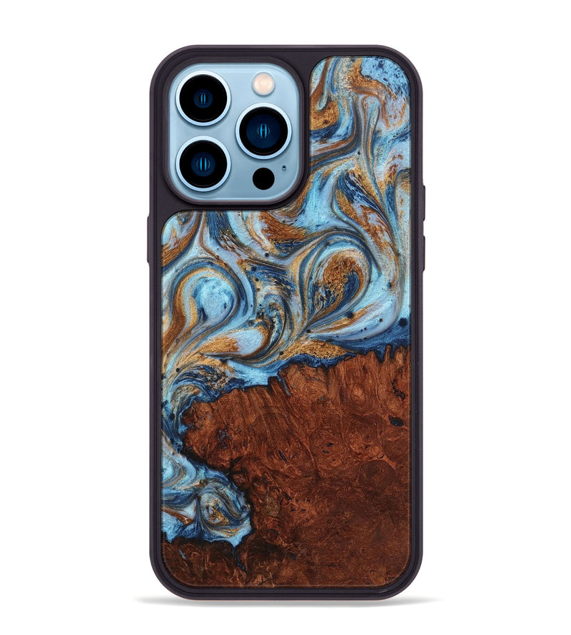 iPhone 14 Pro Max Wood+Resin Phone Case - Alvin (Teal & Gold, 711803)