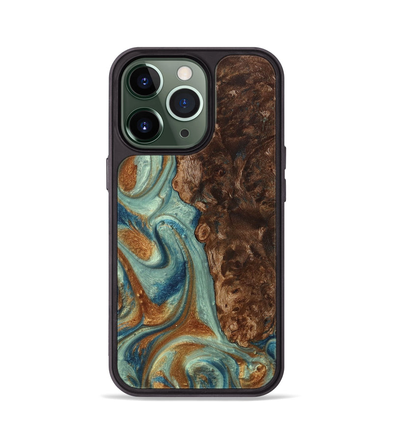 iPhone 13 Pro Wood+Resin Phone Case - Matias (Teal & Gold, 711805)