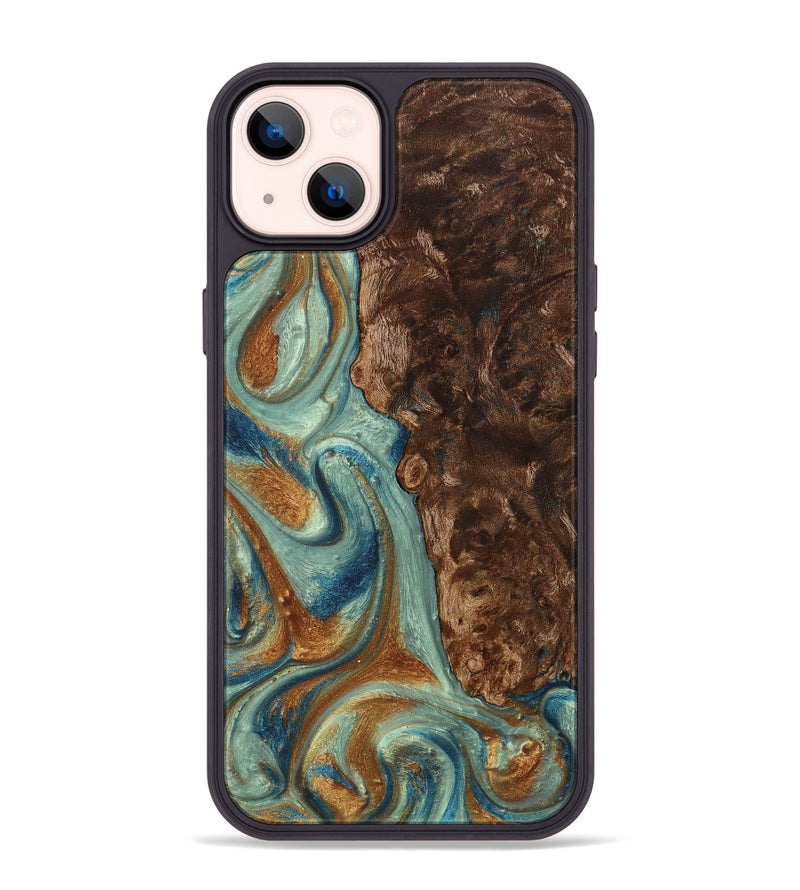 iPhone 14 Plus Wood+Resin Phone Case - Matias (Teal & Gold, 711805)